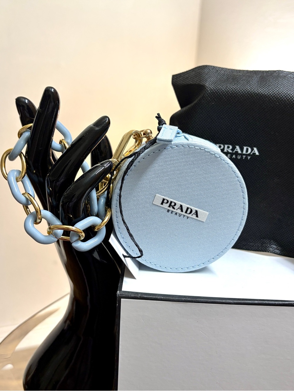 Prada Light Blue Round Coin Pouch with Gold-Tone Chain - Picture 2 of 11